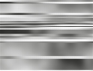 Black and white vector halftone background. Modern abstract illustration. Chaotic glitched grid of dots with different size. Segmented graphic gradient made of round particles. Element of design.