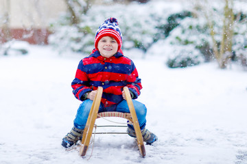Fototapeta na wymiar Little kid boy enjoying sleigh ride in winter