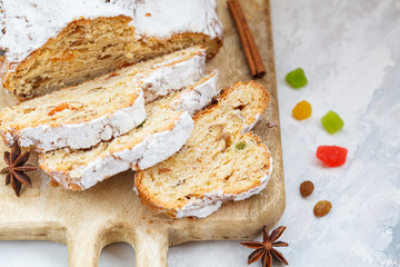 Christmas stollen, light background.