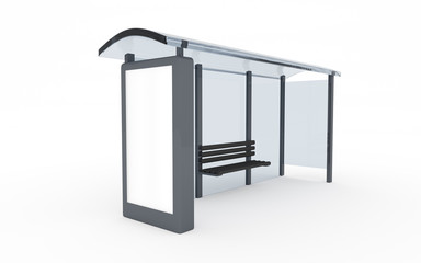 3D rendering of bus stop with blank vertical billboard (light box) isolated on white background