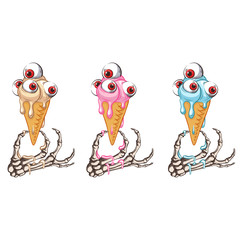 Skeletal hand and ice cream. The ice cream melts. Eyeballs in ice cream.