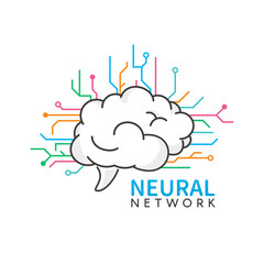 Brain logo design. Neural network logotype on white background. Colorful microchip lines vector illustration
