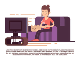 Single girl with cat and cup of tea watch TV