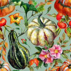 Hand painted watercolor vintage autumn seamless pattern with pumpkins and dog rose