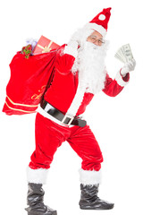 Happy merry Christmas Santa Claus pointing holding Gift Box with Isolated on white background.