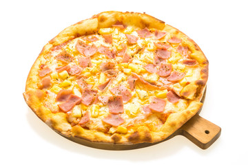 Hawaiian pizza on wooden tray