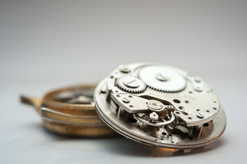 Detail of watch machinery on the table. 