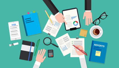 Audit meeting, top view of a desk with reports, documents, notepad, coffee cup, smartphone, pens and pencils. Vector illustration in flat style, template for business