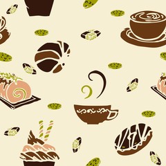 coffee and cake in bakery shop concept design for seamless pattern with brown coffee color tone and little green background 