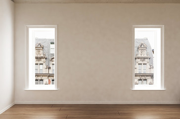 Leeres Zimmer mit 2 Fenstern und heller Wand ind der Stadt
