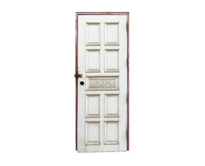 Isolated locked old white door with no knob on white