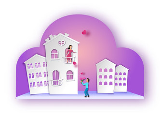 Obraz na płótnie Canvas Valentines day banner in trendy paper art style with carved heart and romantic couple. man gives flowers to woman, and cat on the roof, background for holiday invitation with lettering