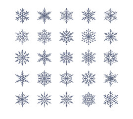 Fototapeta na wymiar Cute snowflakes collection isolated on white background. Flat snow icons, snow flakes silhouette. Nice element for christmas banner, cards. New year ornament. Organic and geometric snowflake set.