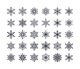 Naklejka na ściany i meble Cute snowflakes collection isolated on white background. Flat snow icons, snow flakes silhouette. Nice element for christmas banner, cards. New year ornament. Organic and geometric snowflake set.