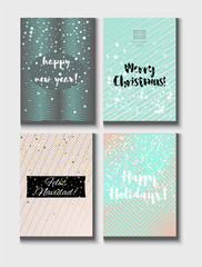 Christmas Card Vector Set with Lettering. Merry Christmas, Happy New Year, Feliz Navidad and Happy Holidays Text on Festive Background in Faded Blue, Pink, Grey, Snowfall. Tender Christmas Card Set