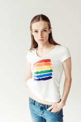 Woman showing printed rainbow