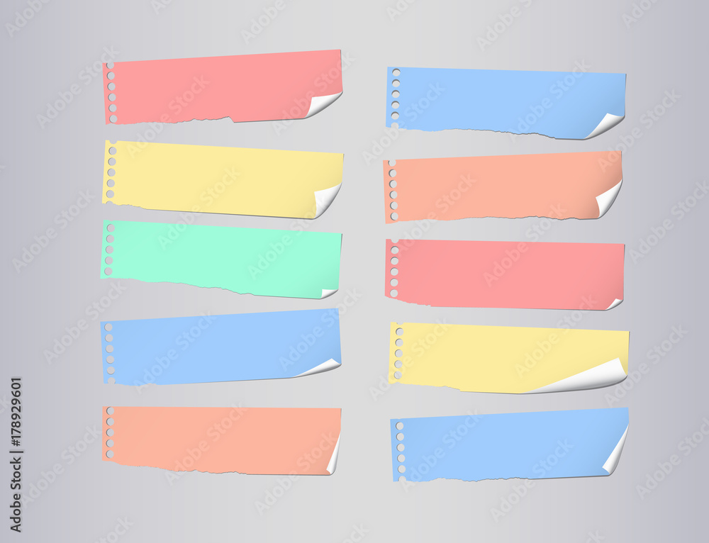Poster colorful bended notebook paper sheets for note or message on gray background