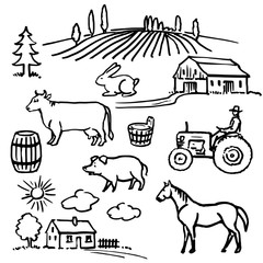 Farm. Hand drawn set.
