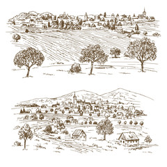 Rural landscape. Hand drawn vector illustration.