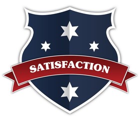 Blue shield and red ribbon with SATISFACTION text.