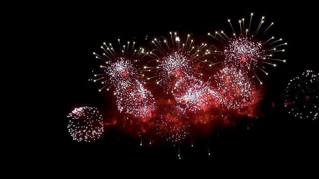 Firework display at night on black background. Bright red green yellow explosions. Amazingly beautiful. Salute for new year, Christmas and other holidays. Macro video closeup footage 50p.