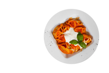Ravioli topped with tomato sauce,with cheese and the fresh basil on white plate. with copy space. top view. isolated on white
