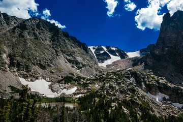 A remote lake amidst snow-capped mountains in the Rocky Mountains.