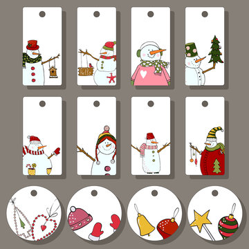 Vector tags for gift decorations with snowmen. Winter design with cartoon snowman. Ice xmas design