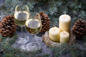 New Years Eve celebration background with two glasses wine
