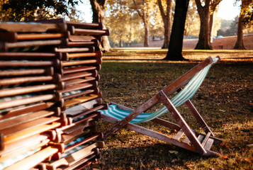Several lounge chairs in St. James Park, London.