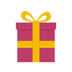 Closed gift box, surprise concept. Purple square gift box with yellow ribbon