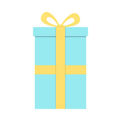 Closed gift box, surprise concept. Blue square gift box with yellow ribbon