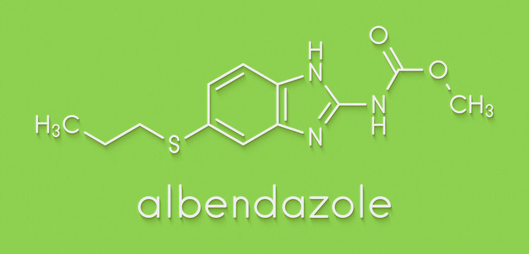 Albendazole anthelmintic drug molecule. Used in treatment of parasitic worm infestations. Skeletal formula.