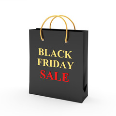 Black shopping bag with words Black Friday and Sale isolated on white background. 3D illustration
