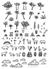 Map elements illustration, drawing, engraving, ink, line art, vector