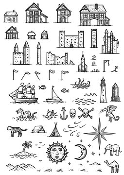 Map Elements Illustration, Drawing, Engraving, Ink, Line Art, Vector