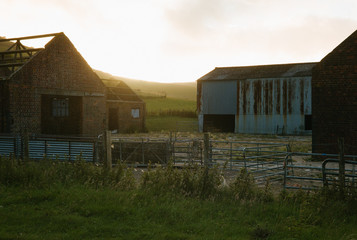 A hazy evening sun over abandoned farm buildings in East Sussex, England.