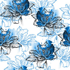 Fototapety  Blue seamless floral pattern, tulips in watercolor splash and graphic, black outlines and cobalt shades, blended effect, on white background. Trendy botanical texture. Textile design. Wallpaper.