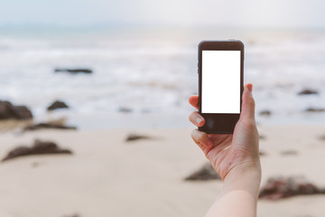 Hand of woman holding smartphone with white screen over beach background.