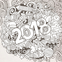 Cartoon vector cute doodles hand drawn 2018 year illustration