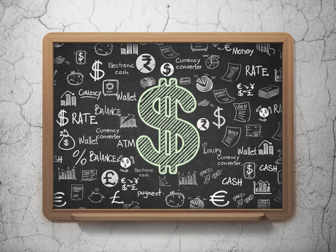Banking concept: Chalk Green Dollar icon on School board background with  Hand Drawn Finance Icons, 3D Rendering