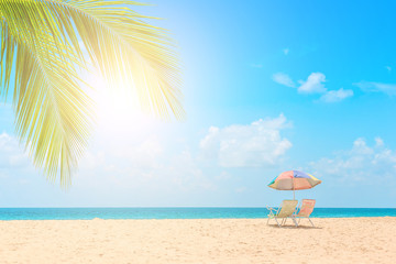 Ka-ron Beach at Phuket , Thailand. White sand beach with beach umbrella. Summer, Travel, Vacation and Holiday concept.