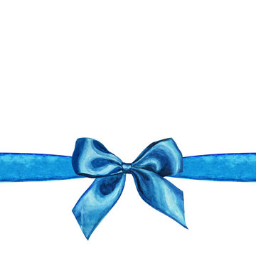 Frame with blue watercolor bow. Watercolor illustration on a white background.