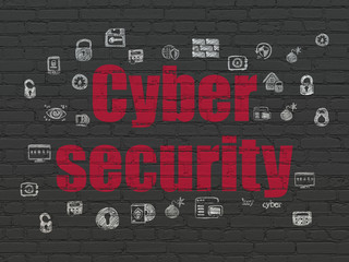 Security concept: Painted red text Cyber Security on Black Brick wall background with  Hand Drawn Security Icons