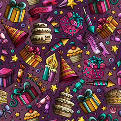 Cartoon hand-drawn doodles birthday theme seamless pattern