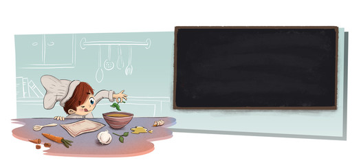 Niño en la cocina con pizarra de menu