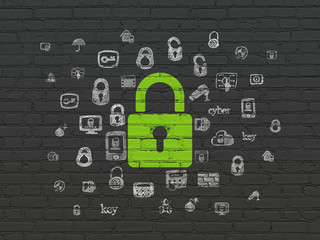 Privacy concept: Painted green Closed Padlock icon on Black Brick wall background with  Hand Drawn Security Icons