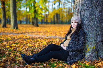 autumn concept - portrait of happy young beautiful pregnant woman sitting in park