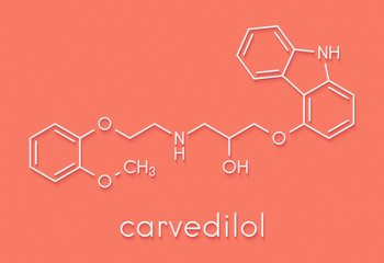 Carvedilol congestive heart failure drug molecule. Skeletal formula.