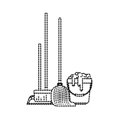 dustpan and broom and mop and bucket with water and soap detergent in monochrome dotted silhouette